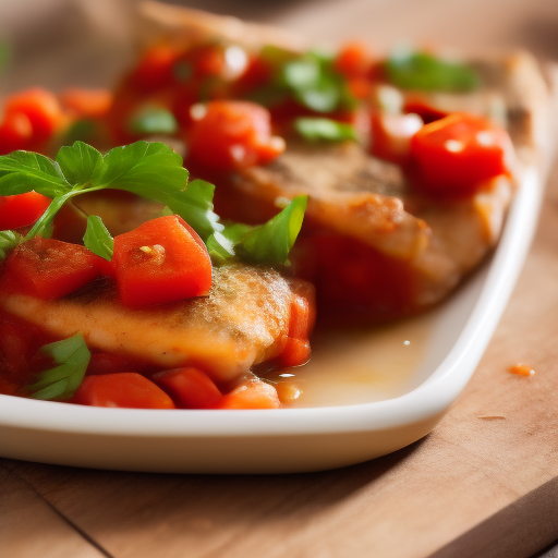 Delicioso plato de pescado Italiano con tomates frescos

